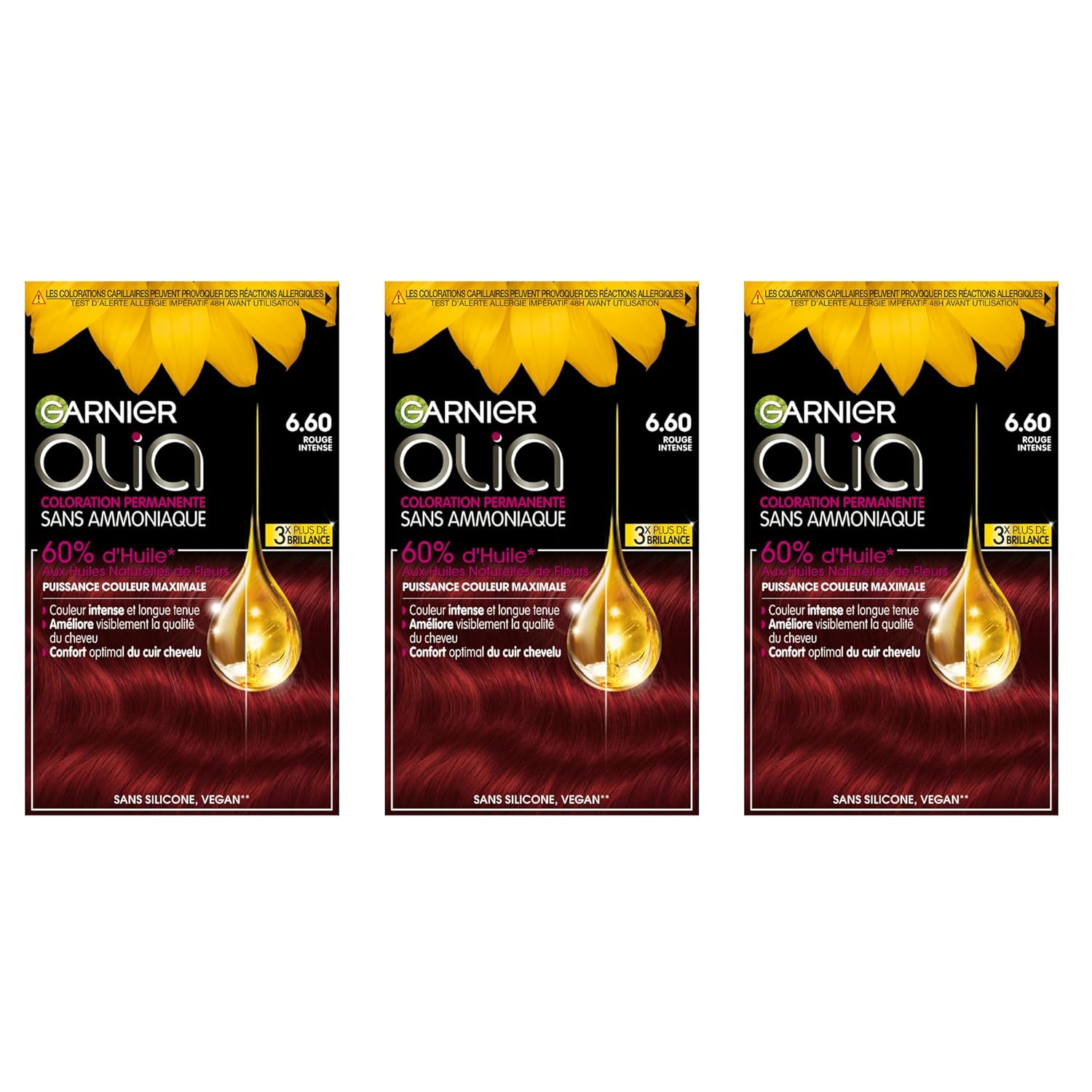 Garnier Olia - Teinture Permanente pour Cheveux Sans Ammoniaque Coloration aux Huiles de Fleurs Naturelles à Action Illuminante et Nourrissante Couleur 6.60 Rouge Intense - 3 Packs