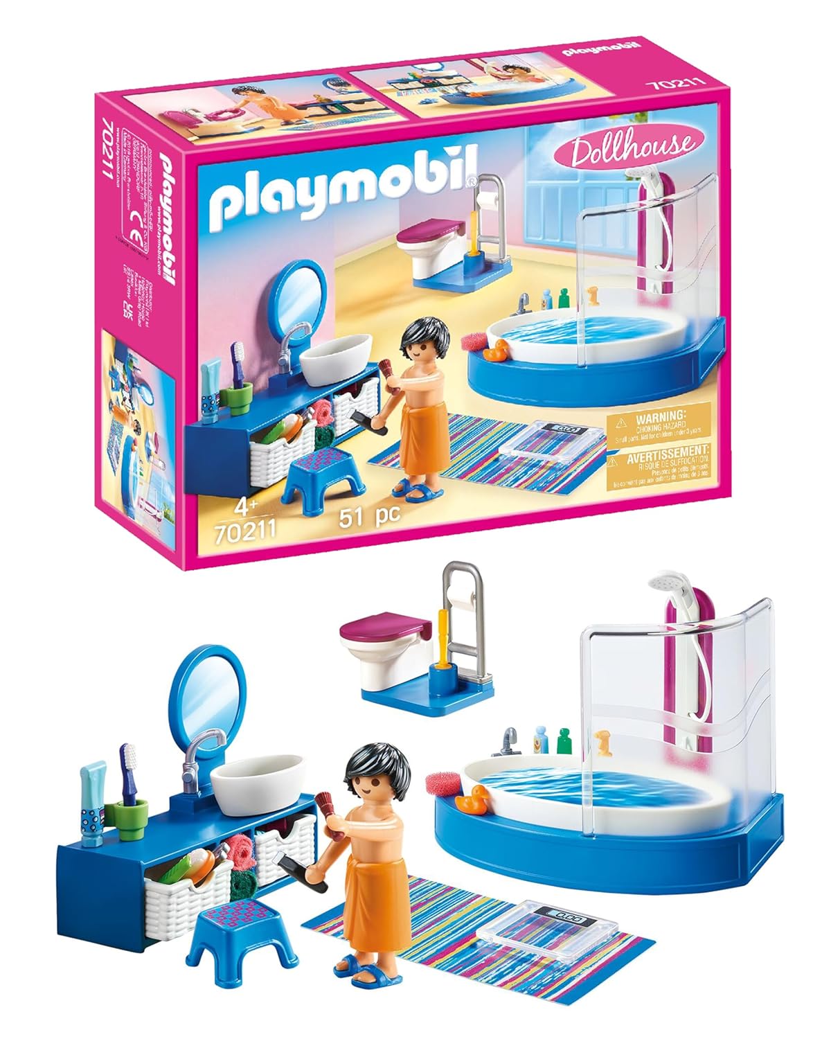 Playmobil 70211 Salle de Bain avec Baignoire - Dollhouse - avec Un Personnage, Une Douche, des Toilettes et des Accessoires de Toilette - pour aménager la Grande Maison - Dès 4 Ans