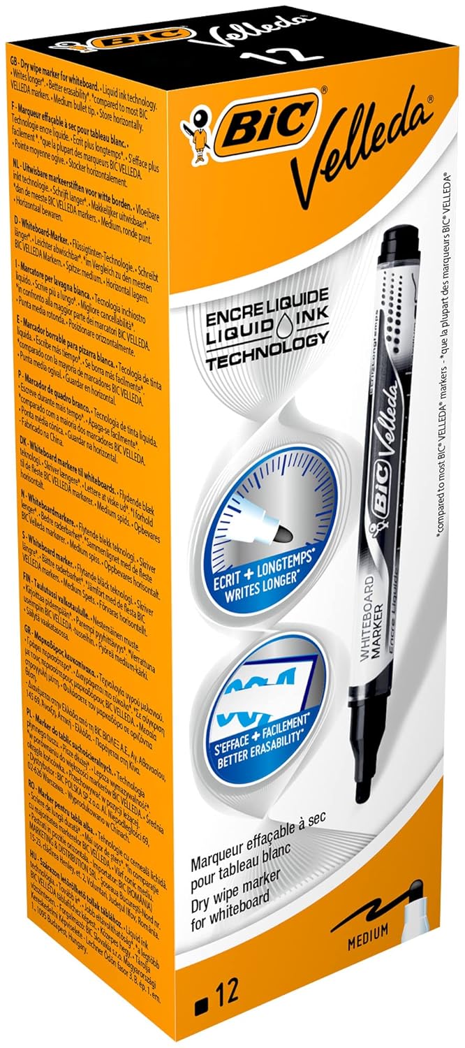 BIC Velleda — Feutres effaçables à sec noir, boîte de 12