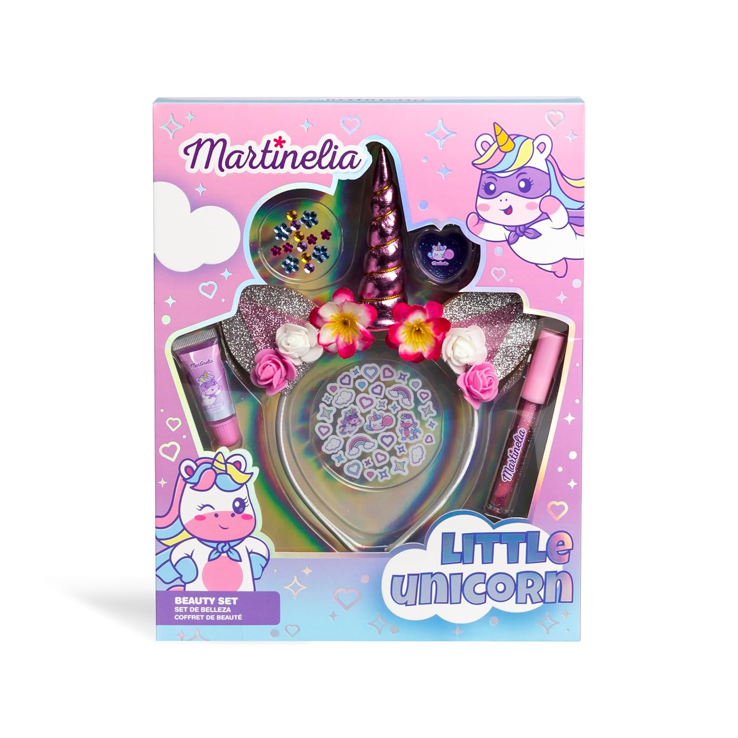 MARTINELIA - Set Maquillage Fille & Accessoires Licorne - 1 Bandeau/Serre tête Licorne, 2 Brillants à Lèvres, Autocollants & Accessoires de Beauté - Coffret Beauté & Cheveux pour Enfants - Dès 3 Ans