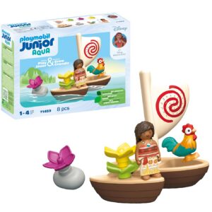Playmobil 71459 Junior & Disney : Vaiana et Bateau à Voile - avec des Fleurs flottantes et Un Coq - Jouet fabriqué à partir de matière d'origine végétale - Dès 12 Mois
