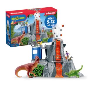 Schleich Dinosaurs - Expédition au Grand Volcan, Set de Figurines Dinosaures avec Un Volcan en éruption LED, Une Figurine de chercheuse et 2 Jouets Dinosaures pour Enfants âgés de 5 Ans et Plus