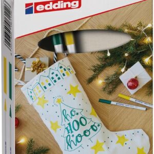 edding Kit Noël e-4600 Feutres Textiles - Vert et Jaune - Set avec Botte en Coton, 2 Feutres, Modèle de Coloriage - Déco Festive pour les fêtes de Noël