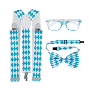 P'TIT CLOWN - 23848 - Set Accessoires Déguisement Oktoberfest - Bretelles, Nœud Papillon & Lunettes Motif Bavarois Bleu et Blanc - Événements à Thème, Soirées Déguisées, Fête de la Bière