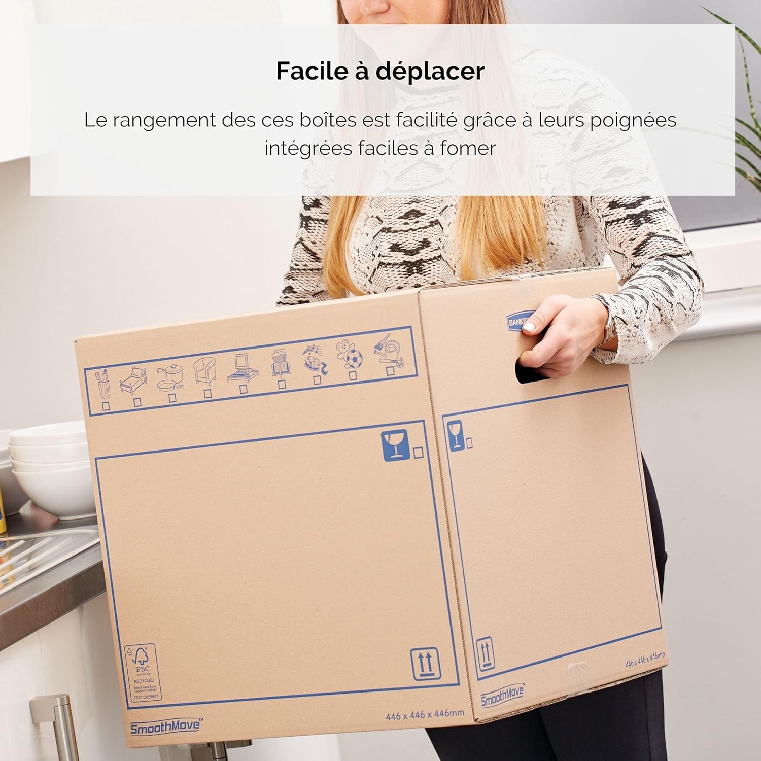 Fellowes SmoothMove Caisses de Déménagement en Carton Double Epaisseur avec Poignées - 67 Litres, très résistants, jusqu'à 4 cartons empilés, 35 x 35 x 55 cm (Lot de 10), 6207301 – Image 4