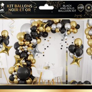 P’TIT CLOWN - 24365 - Kit Ballons Noir et Or 115 Pièces - Décoration Fête, Anniversaire, Nouvel An, Réveillon, Soirée à Thème, Arche Ballons Festive