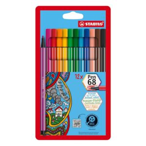 STABILO Pen 68 - Feutre dessin - Etui carton x 12 feutres de coloriage pointe moyenne - Coloris classiques