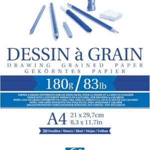 Clairefontaine 96624C Bloc Encollé Papier Dessin à Grain - 30 Feuilles Papier Dessin au Grain Marqué - A4 21x29,7 cm 180g - Idéal pour le Dessin et Croquis au Crayon, Feutre et Fusain
