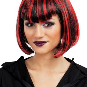P'TIT CLOWN - Perruque Vampiresse Frange Pointue - Cheveux Synthétiques - Sans colle - Parfaite pour Déguisement d'halloween, Carnaval, Fêtes Costumées et Évènements à Thème (Noir, Rouge)