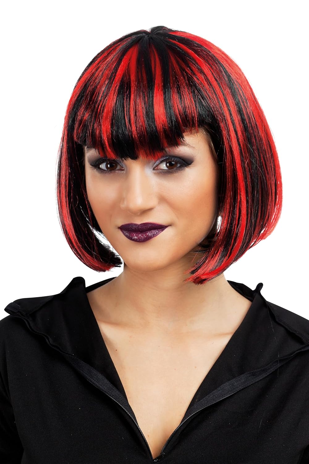 P'TIT CLOWN - Perruque Vampiresse Frange Pointue - Cheveux Synthétiques - Sans colle - Parfaite pour Déguisement d'halloween, Carnaval, Fêtes Costumées et Évènements à Thème (Noir, Rouge)