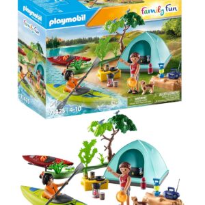 Playmobil 71425 Famille et Tente - Family Fun - des Vacances partagées dans la Nature - Comprend Deux Personnages, Deux canoës, Une Tente, Un feu de Camp et des Accessoires - Dès 4 Ans