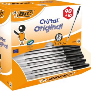 Bic Cristal Original Stylo-Bille Pointe Moyenne (1,0 mm) Largeur de trait (0,4 mm) - Parfait pour l'Ecole et au Bureau - Noir, Lot de 90 + 10 gratuits