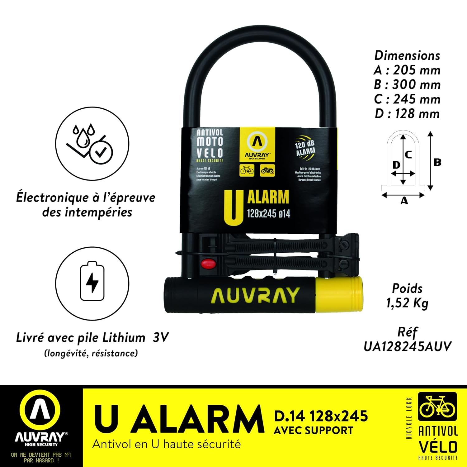 AUVRAY U Alarme — Antivol vélo 128x245 mm avec alarme 120 dB – Image 2