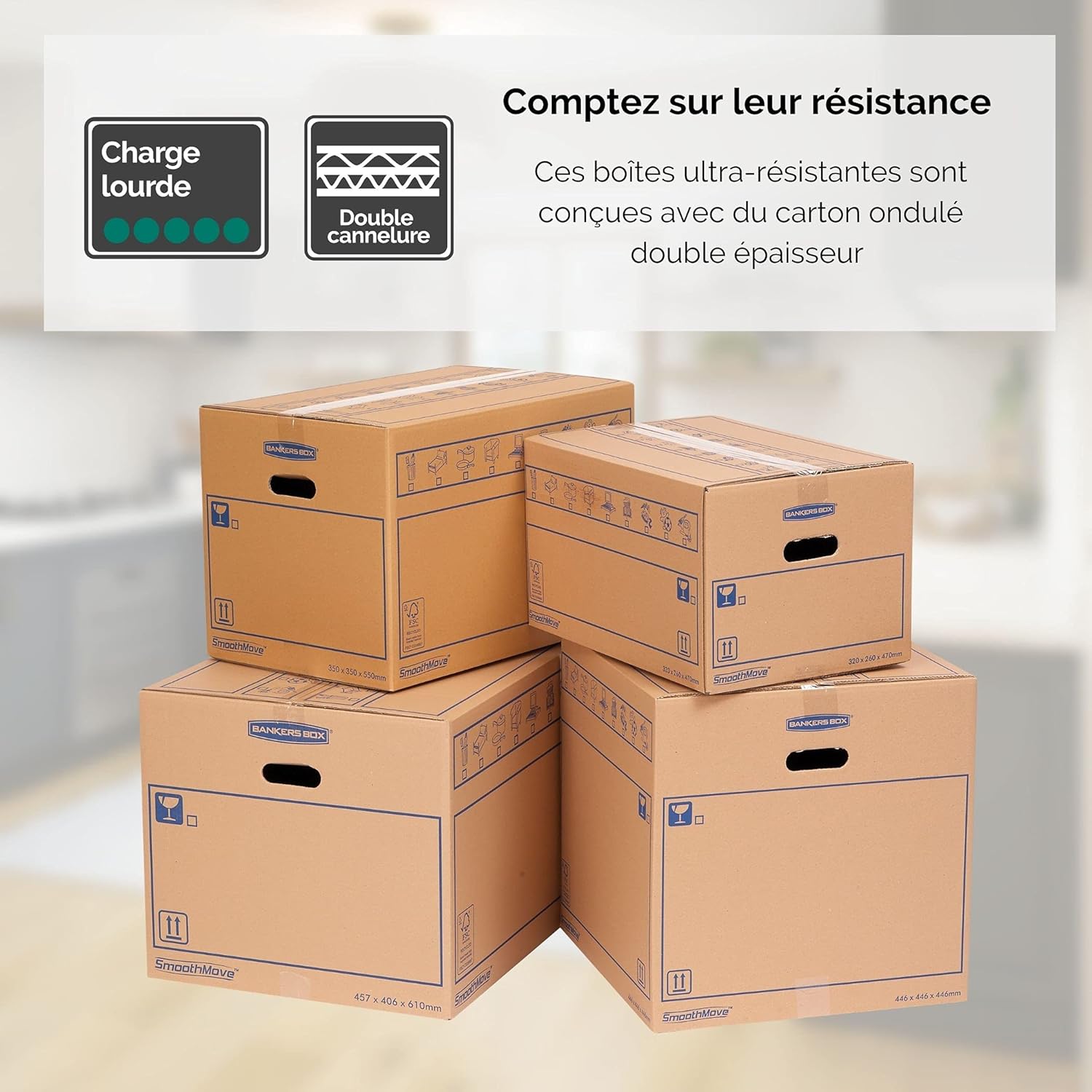 Fellowes SmoothMove Caisses de Déménagement en Carton Double Epaisseur avec Poignées - 67 Litres, très résistants, jusqu'à 4 cartons empilés, 35 x 35 x 55 cm (Lot de 10), 6207301 – Image 5