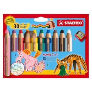 STABILO woody 3-in-1 - Crayon de couleur - Etui carton x 10 crayons de couleur aquarellables + 1 taille-crayon - Coloris assortis - Edition 30 ans de fun