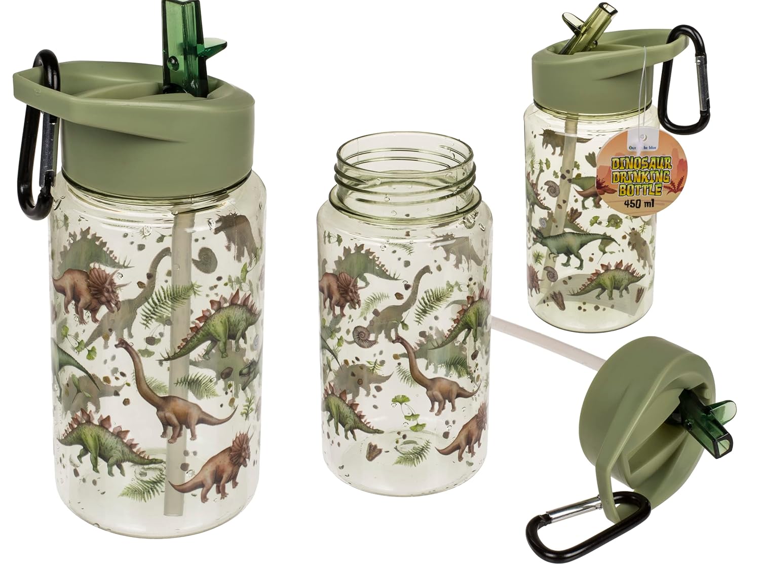 Gourde dinosaure avec paille et mousqueton pour env. 450 ml, hauteur : env. 16 cm