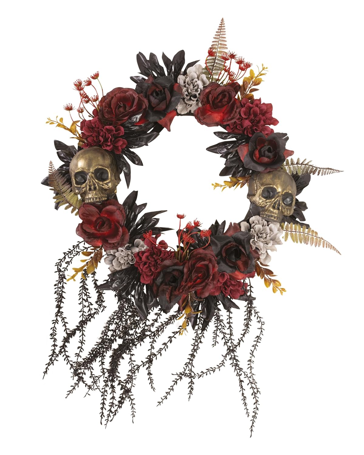 P'TIT CLOWN - Couronne de Porte Halloween - Ornée de Fleurs et d'un Crâne pour Une Décoration Effrayante et Originale (Doré, Rouge) - 45 cm