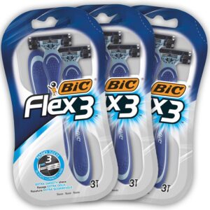 BIC Flex 3 Rasoirs Jetables pour Homme (Tête Pivotante / 3 Lames Mobiles / Double Bande Lubrifiante) - Lot de 3 Blisters de 3