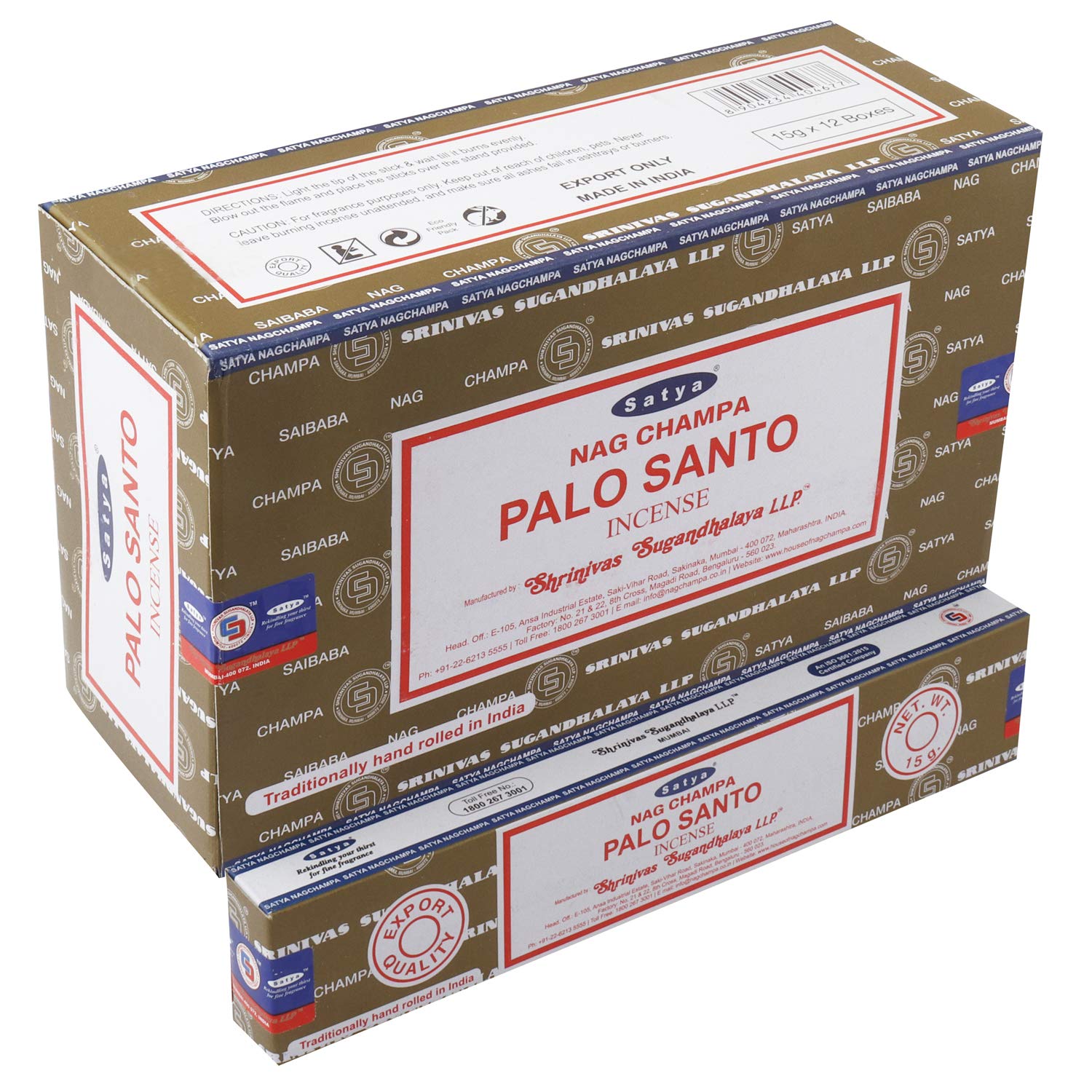Satya Nag Champa – Bâtonnets d'encens Palo Santo | 12 Paquets X 15 grammes | Boîte de 180 grammes | Exportation de qualité