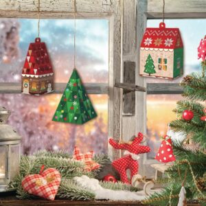 P'TIT CLOWN - 22876 - Décorations de Noël à Suspendre - Village de Noël - Maisons et Sapins - Lot de 12 - Parfait pour Décor Christmas, Xmas
