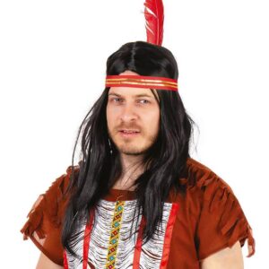 P'TIT CLOWN - Perruque Indienne, Indien avec Bandeau à Plumes - Adulte, Unisexe - Cheveux Synthétiques - Accessoire Déguisement Carnaval, Fête Costumée, Far West