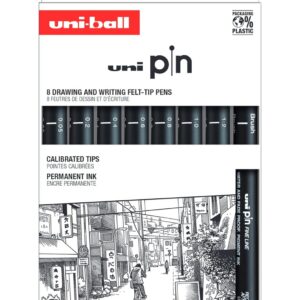 uni-ball - Mitsubishi Pencil - Pochette de 8 Feutres Uni Pin - Pointes Calibrées Ultra-Fines à Larges et Brush - Encre Noire - Pair