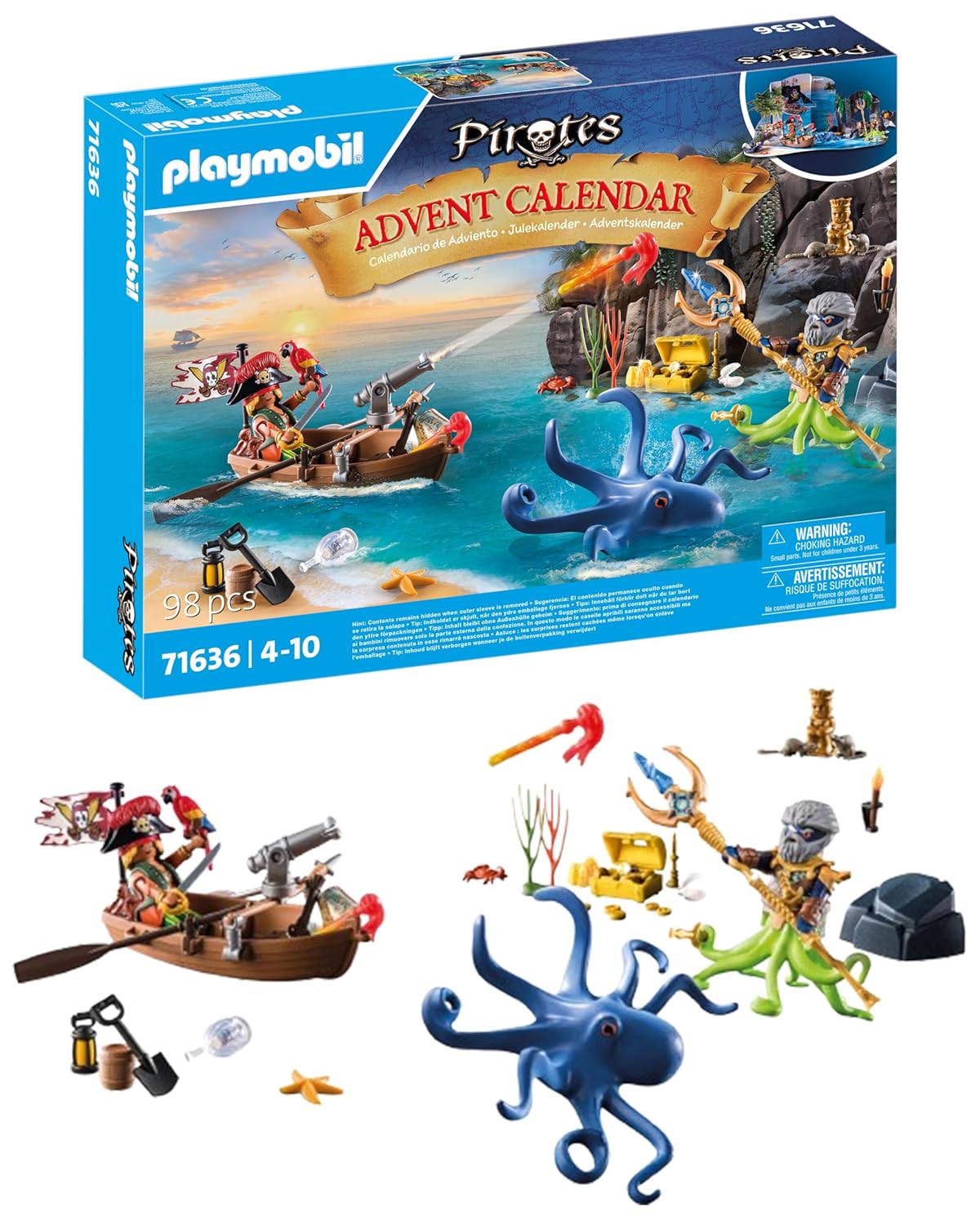 Playmobil 71636 Calendrier de l'Avent Pirates - Comprend Deux Personnages, Un Poulpe géant et 24 Surprises excitantes - Dès 4 Ans
