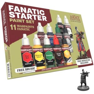 The Army Painter Warpaints Fanatic: Starter Set, 11 x 18 ml Peintures Acryliques incl. Métalliques, Lavis, Apprêt, 1 Figurine & 1 Pinceau - Peinture pour D&D & Warhammer.