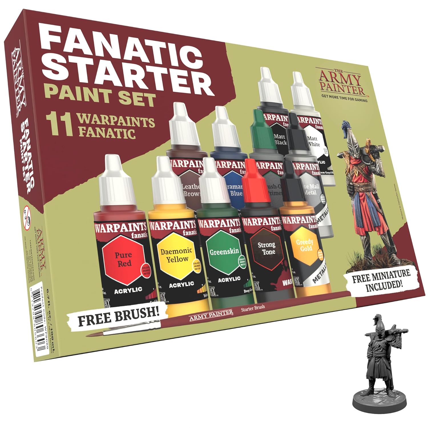 The Army Painter Warpaints Fanatic: Starter Set, 11 x 18 ml Peintures Acryliques incl. Métalliques, Lavis, Apprêt, 1 Figurine & 1 Pinceau - Peinture pour D&D & Warhammer.