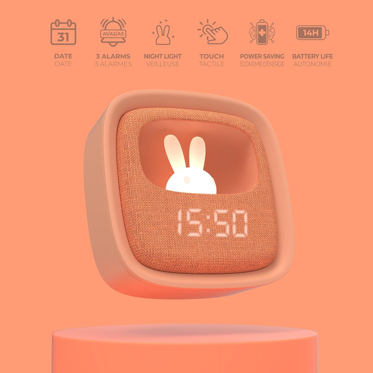 MOB Billy Clock — Réveil veilleuse enfant motif lapin chocolat – Image 3