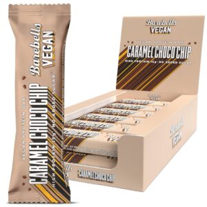 Barebells barre proteine vegan - 15g de proteine - Faibles en calories - Goût Chocolat intense - Boîte de 12 barres proteinées de 55g (Vegan Caramel Choco Chip)