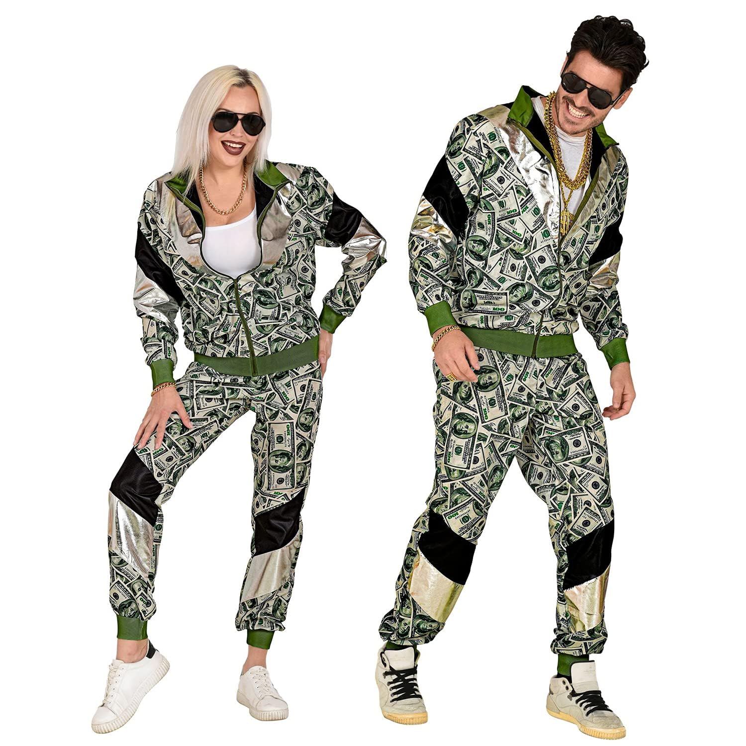 W WIDMANN MILANO Party Fashion - Survêtement déguisement, billets de banque, euros, dollars, casino, tenue des années 80, survêtement de jogging pour carnaval et fête