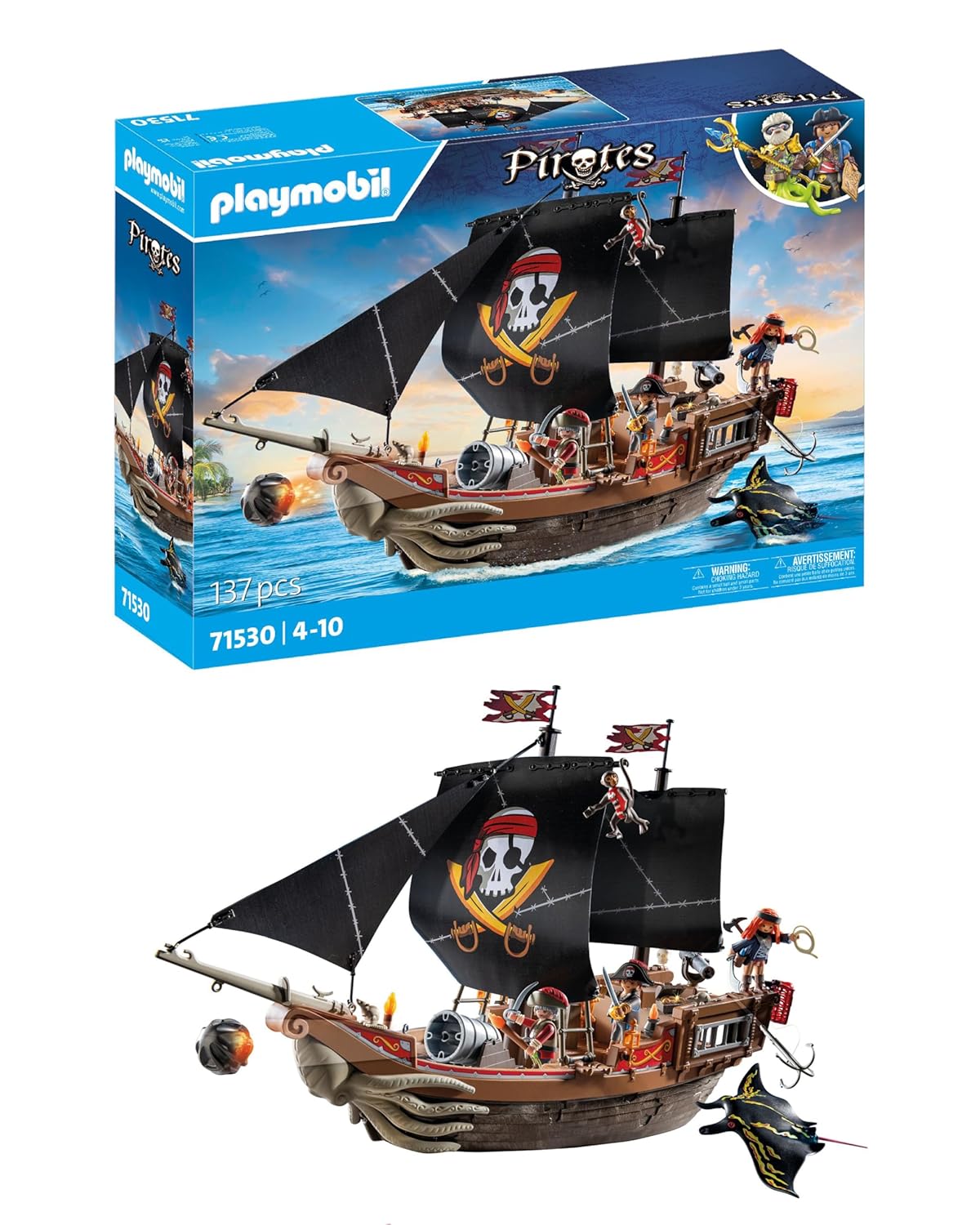Playmobil 71530 Bateau Pirates - Prenez Le Large et embarquez pour Une Chasse au trésor en mer aux côtés des Pirates - Comprenant des canons, des projectiles et Un Ancre - Pirates - Dès 4 Ans