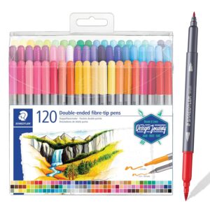 Staedtler Feutres à double pointe pour écriture et coloriage, Pointe fine de 0.5-0.8 mm et compacte extra-large de 3 mm, Étui plastique avec 120 couleurs lumineuses différentes, 3200 TB120