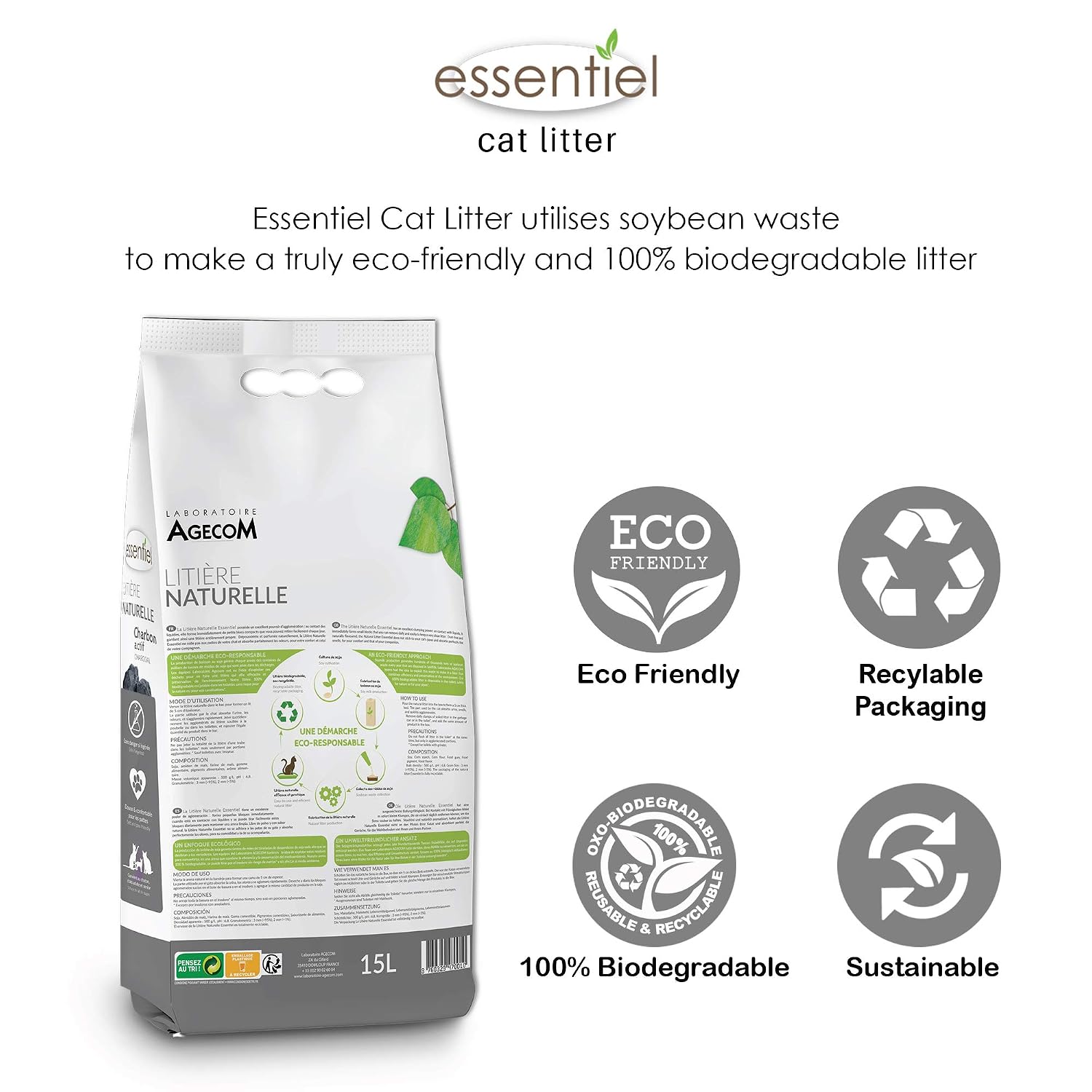 AGECOM Essentiel — Litière végétale soja au charbon actif 15 L – Image 6