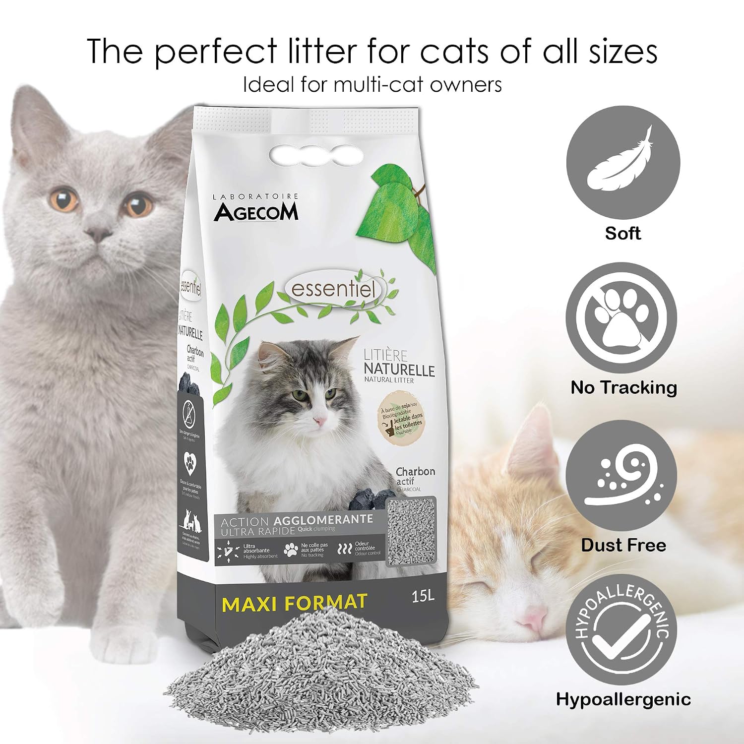 AGECOM Essentiel — Litière végétale soja au charbon actif 15 L – Image 3