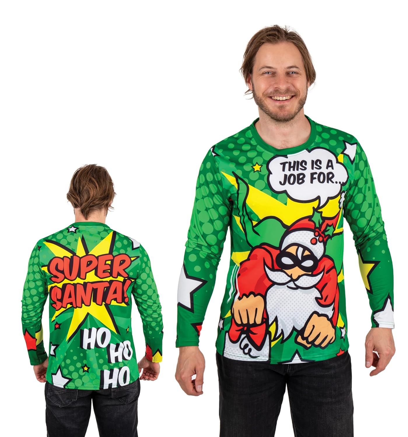 P'TIT CLOWN - T-Shirt de Noël Adulte Super Santa Claus - Unisexe - pour Compléter Tenue Fête de Fin d'Année, Christmas - Vert (FR/ES, Alpha/Lettres, L, TG, Taille Normale, Taille Normale, Vert)
