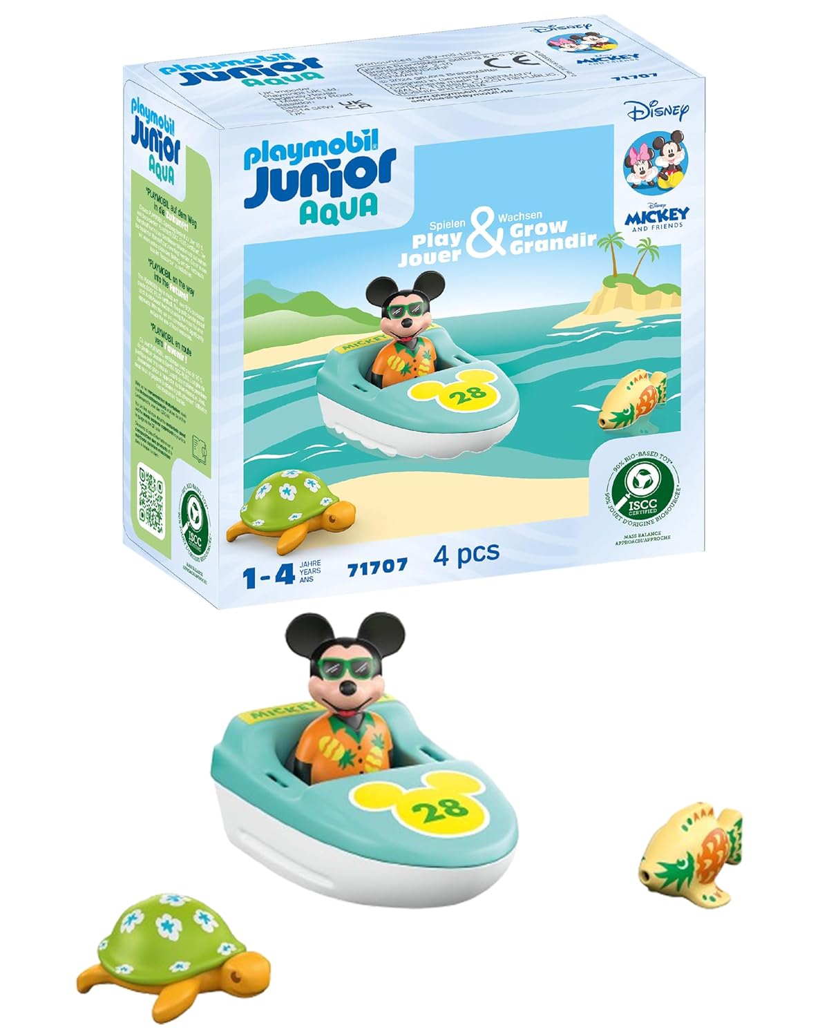 Playmobil 71707 Junior & Disney : Mickey avec Bateau - Comprend Mickey, Un Bateau, Une Tortue et Un Poisson - Jouet fabriqué à partir de matières d'origine végétale - Dès 18 Mois