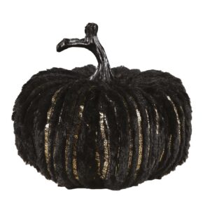 P'TIT Clown - 23013 - Citrouille Élégante Effet Velours Noire et Dorée - 22,5 cm - Décoration Halloween - Idéale pour Créer une Ambiance Mystérieuse et Raffinée lors de Fêtes ou dans une Maison Hantée