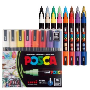 POSCA Uni-Ball Posca 182516 - Set de 16 Marqueurs PC5M, Pointe Conique Moyenne, Assortis