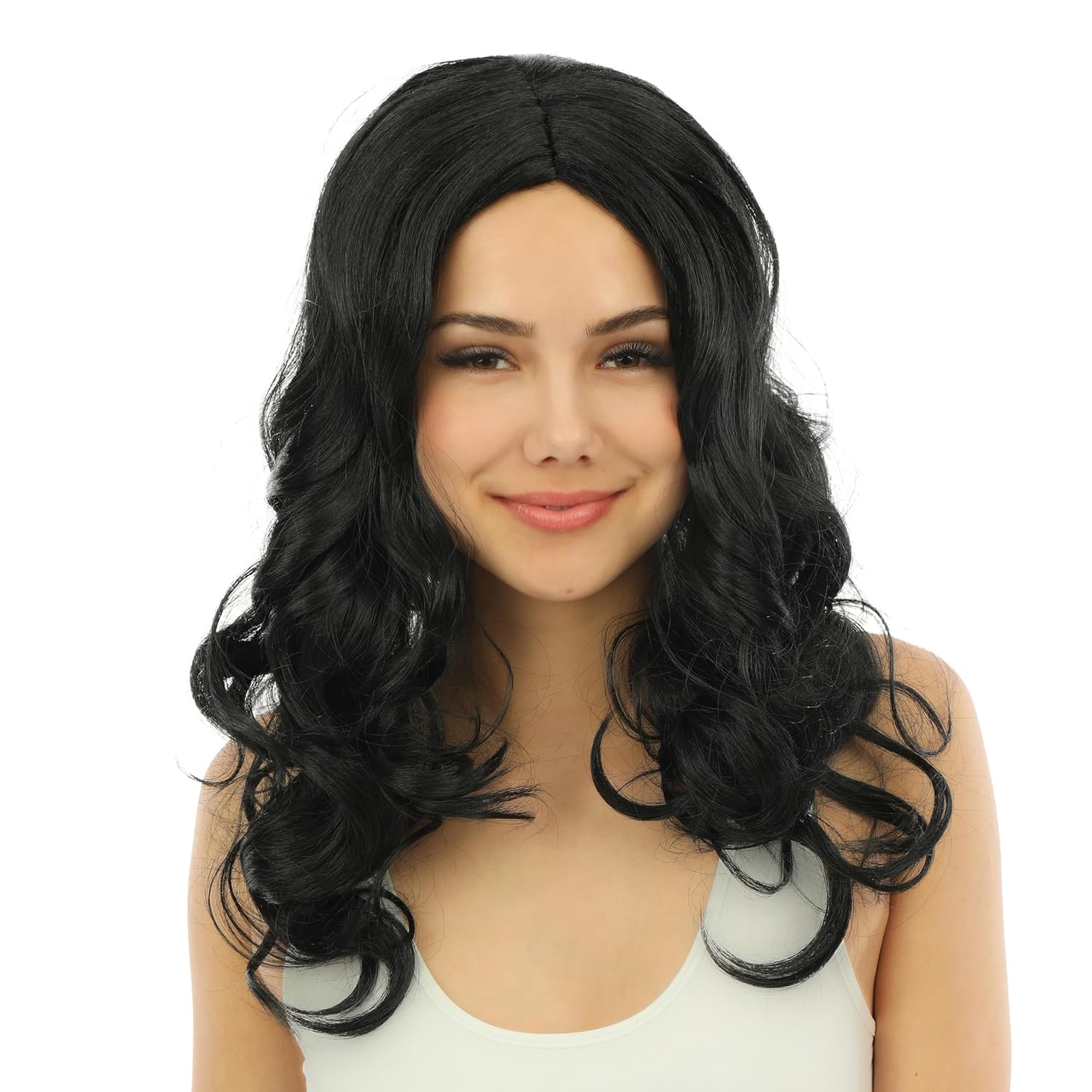 P'TIT CLOWN - 23976 - Perruque Longue Bouclée - Long Curly Wig - Accessoire Déguisement Carnaval, Soirées Costumées, Cosplay, Manga, Halloween - Adulte Femme - Cheveux Synthétiques - Noir