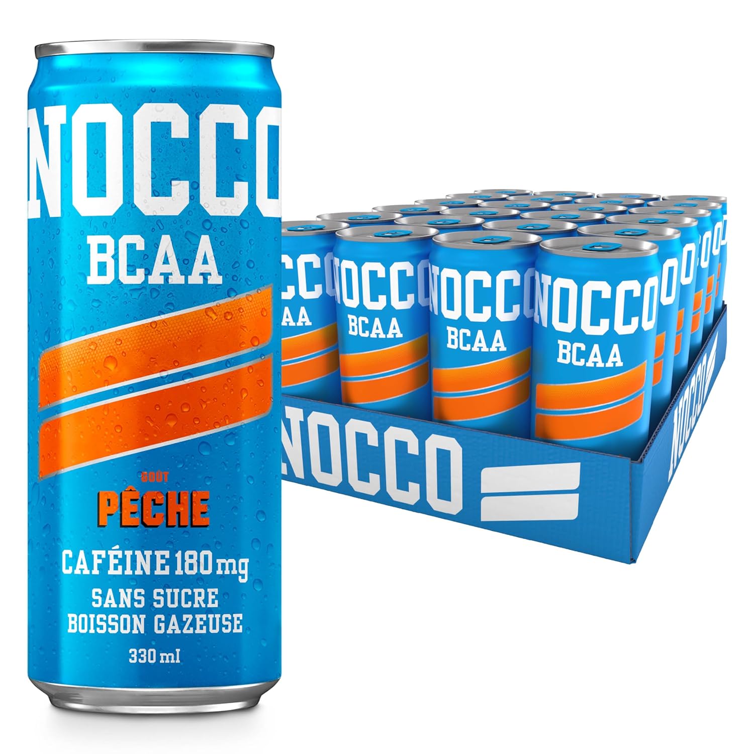 NOCCO Boisson énergissante goût pêche 180 mg caféine 24x330ml Boissons énergétiques, Sans Sucre BCAA (Peche)