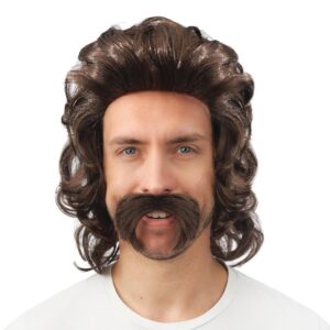 P'TIT CLOWN - Perruque Mi-Longue avec Moustaches - Accessoires Déguisement Carnaval, Fêtes à Thèmes, Soirées Costumées, Cosplay, Manga, Halloween - Cheveux Synthétiques (Brun)