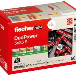fischer - Cheville bi-matière et multi-matériaux DUOPOWER 5x25 avec vis/Boîte de 50