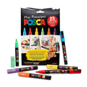 POSCA - Uni Mitsubishi Pencil - Coffret Mes Premiers 6 Marqueurs Peinture, Base Eau - 4 PCM1C Pointe Extra Fine, 2 PC3M Pointe Fine, 1 Livret de 25 Ateliers Créatifs - Emballage Zéro Plastique