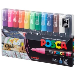uni-posca PC-1M12C - Lot de 12 marqueurs peinture - Pointe extra fine Lot de 12 violet, rose, rouge, orange, jaune, vert clair, vert, bleu clair, bleu, marron, blanc, noir