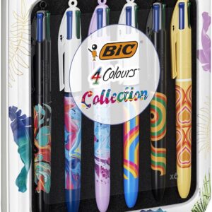 BIC 4 Couleurs Décors Messages ou Collection Botanique et Tie and Dye - Stylos-bille Pointe Moyenne (1,0 mm) - Designs Assortis Aléatoires, Rouge, Boîte Réutilisable de 6