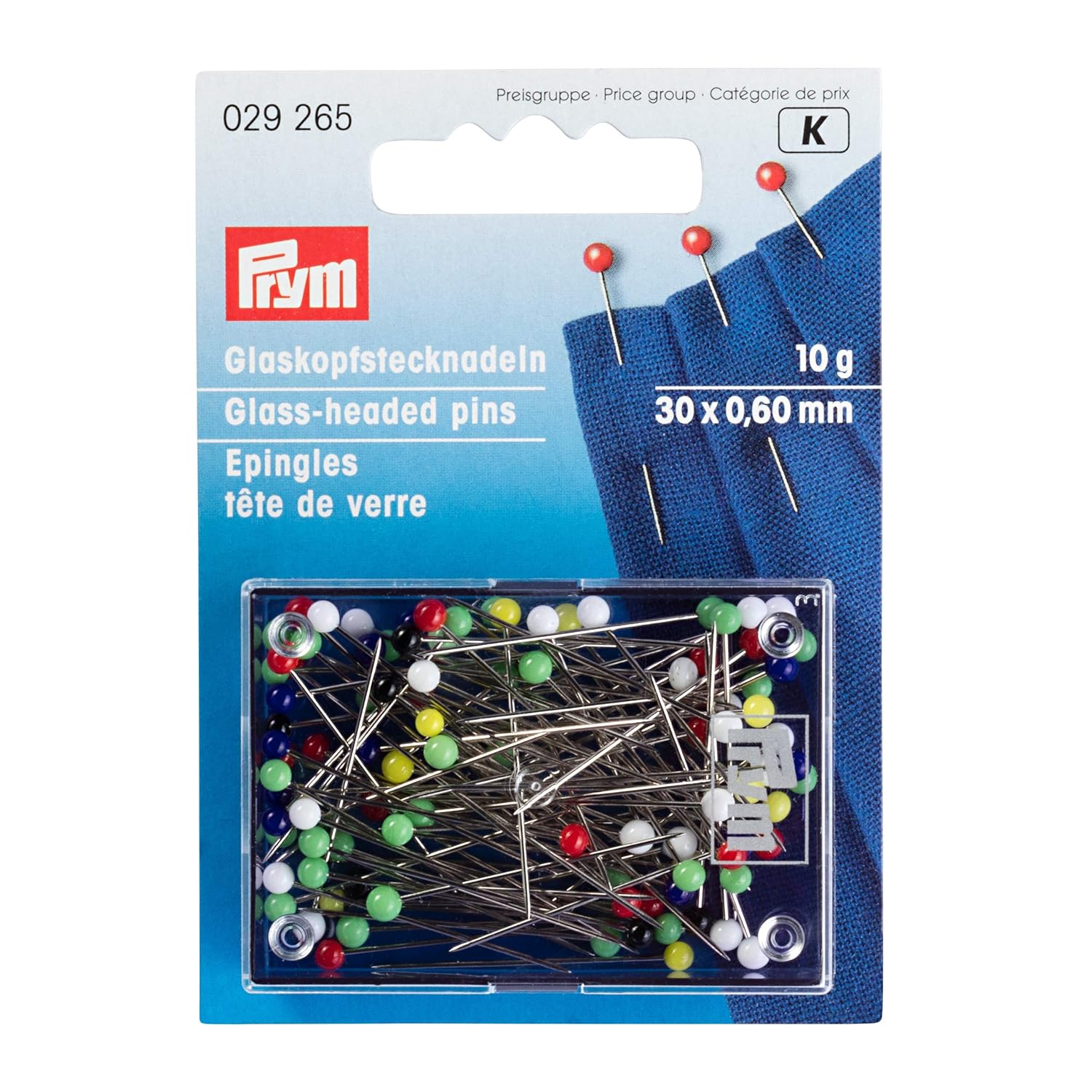 PRYM 32562 Boite à épingles tête de Verre 10g, Combinaison, Multicolore, 30 x 0,60 mm