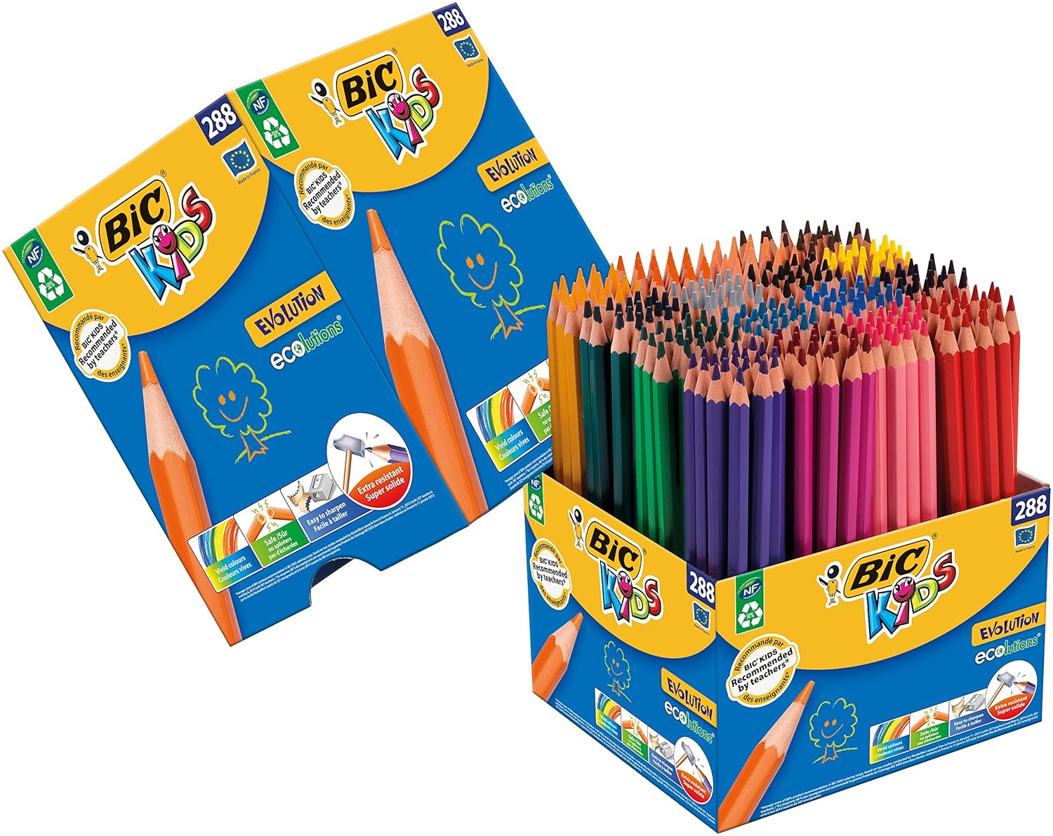 BIC Kids Evolution Crayons de Couleur en Résine Synthétique sans Bois, sans Écharde, dès 5 ans - 16 couleurs Assorties, Pack Spécial École de 288