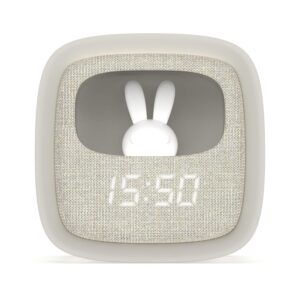 MOB – MOBILITY ON BOARD Réveil et Veilleuse pour Enfant Billy Clock - Motif Lapin - Face Avant Tissu - Cadre Plastique Soft-Touch - Programmation de la Date, de l'Heure et de 3 Alarmes (Gris)